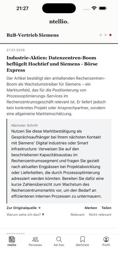 ntellio Feed: Treffer mit Einordnung und nächstem Schritt